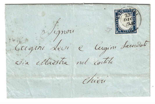 1857 Regno di Sardegna - Piego da RACCONIGI a Chieri con francobollo da 20 cent. IV emissione E. Diena