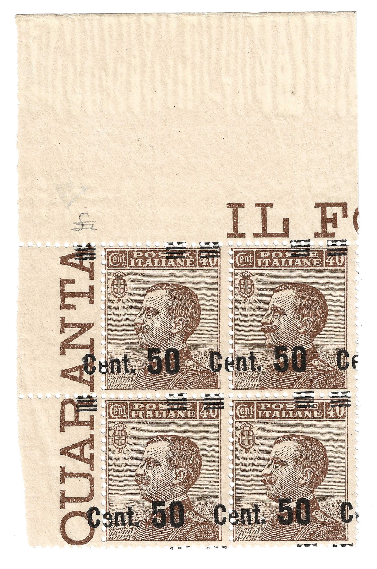 1923 Regno d'Italia - Quartina di francobolli 50 su 40 c. Michetti soprastampa spostata MNH**
