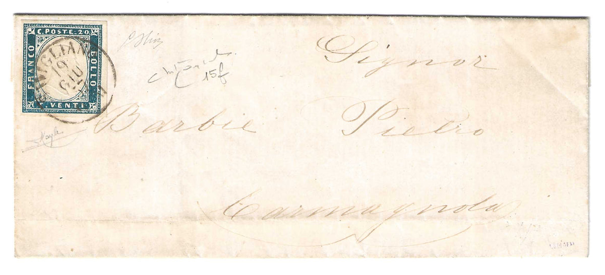 1857 Regno di Sardegna - Piego da Savigliano a Carmagnola con francobollo da 20 c. celeste IV emissione