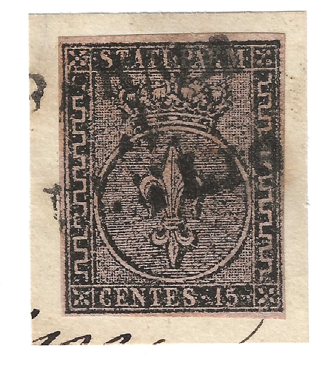 1852 Ducato di Parma - Francobollo da 15 cent. ben marginato I emissione su frammento A. Diena