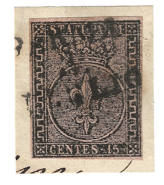 1852 Ducato di Parma - Francobollo da 15 cent. ben marginato I emissione su frammento A. Diena