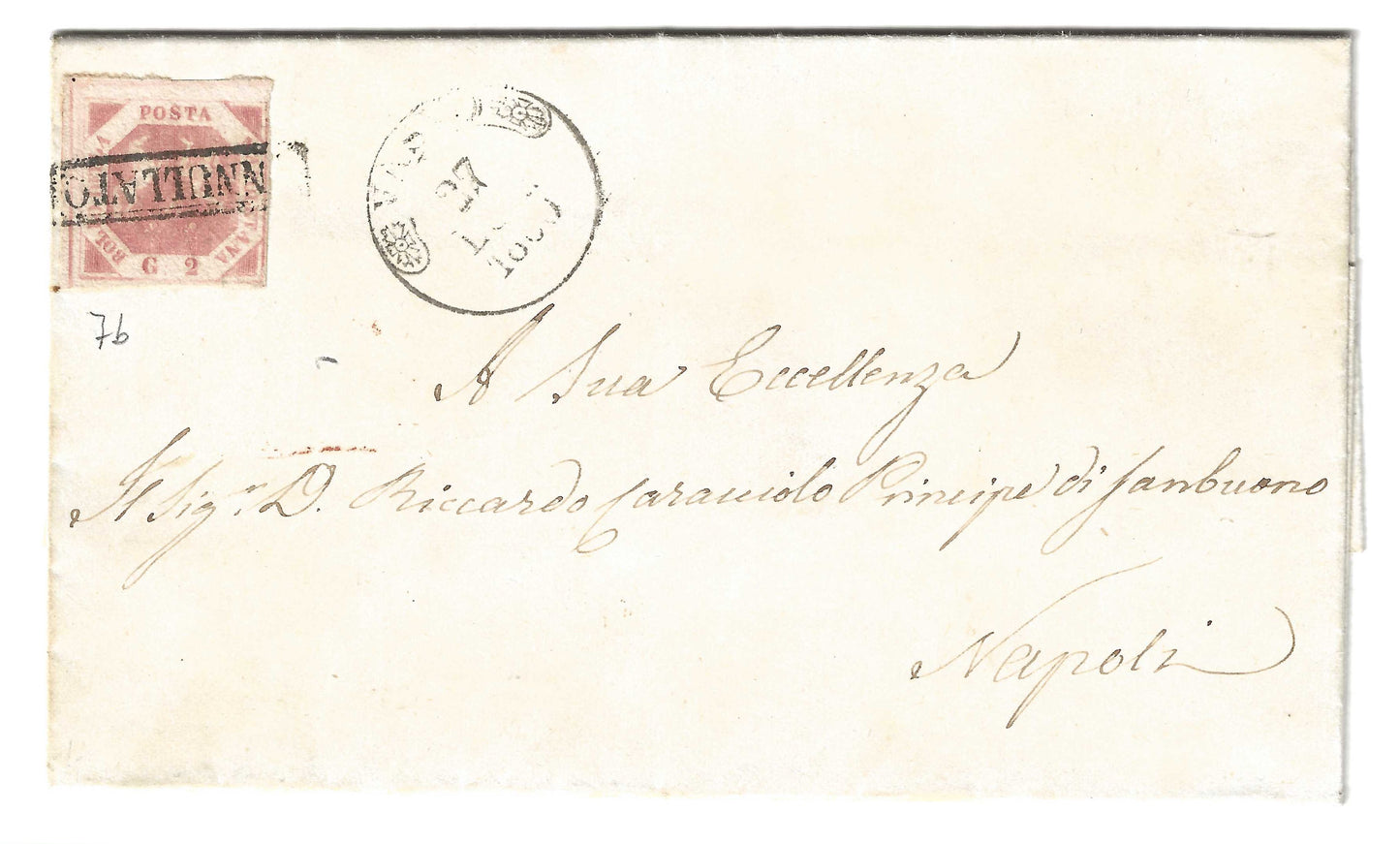 1860 Regno di Napoli - Piego di lettera da Vasto a Napoli con francobollo da 2 grana rosa chiaro
