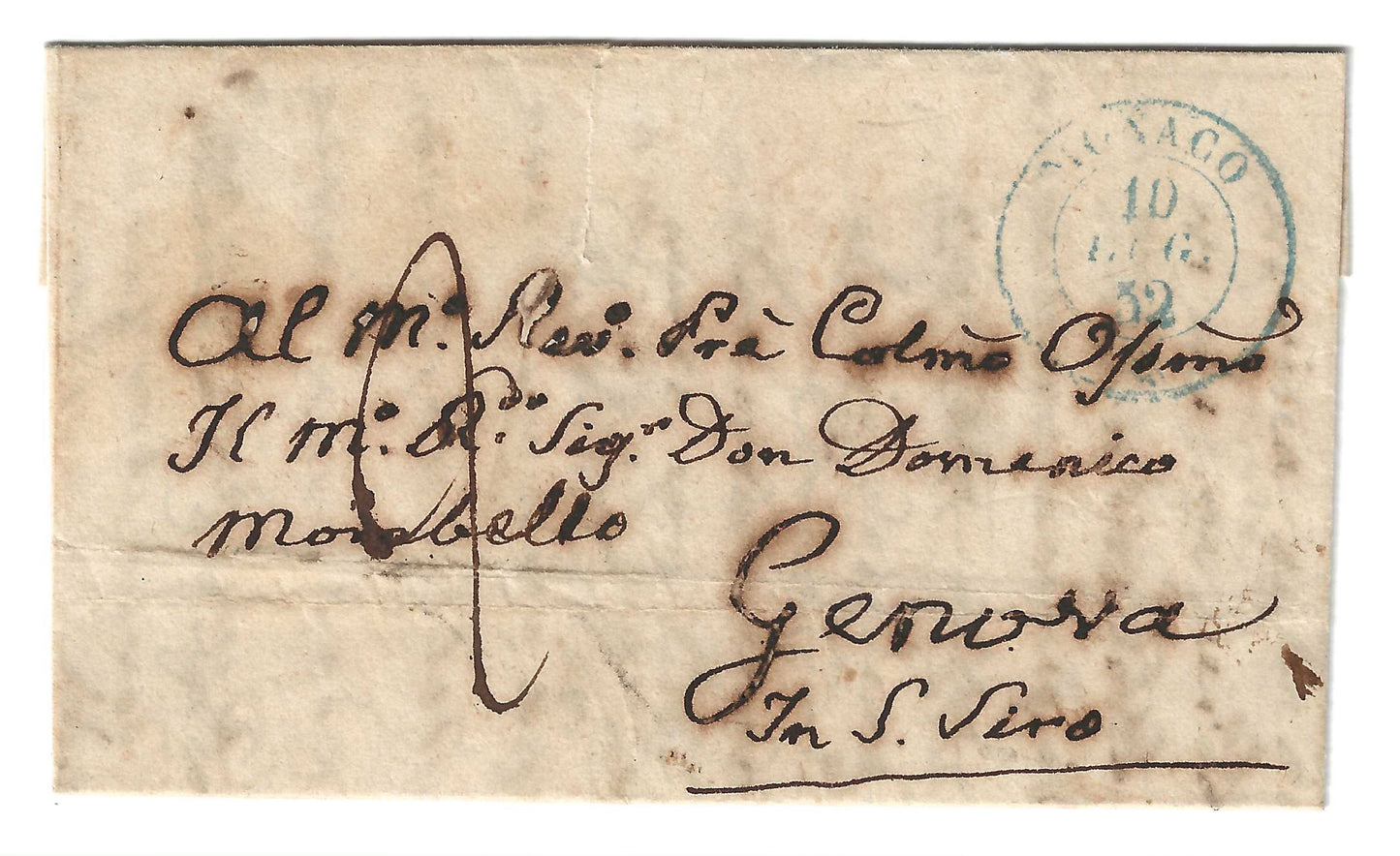 1852 Regno di Sardegna - Raro annullo azzurro di MONACO in periodo di I emissione su piego di lettera