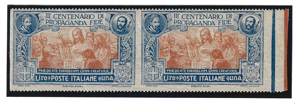1923 Regno d'Italia - Francobolli da 1 l. Propaganda Fide coppia non dentellata in verticale MH