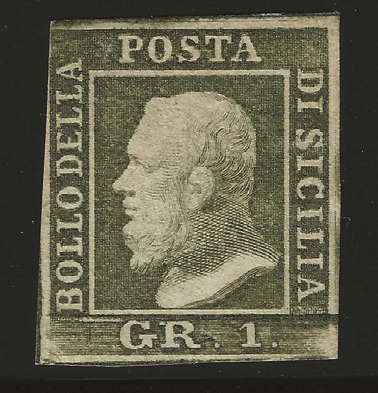 1859 Sicilia - Francobollo da 1 grana III tavola posizione 64 usato firme Sorani e Raybaudi