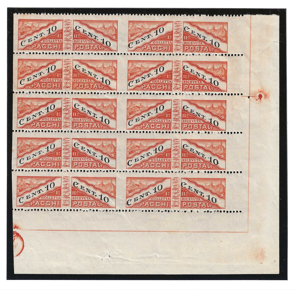 1946 San Marino - Francobolli da 10 c. Pacchi Postali filigrana corona dritta blocco MNH**