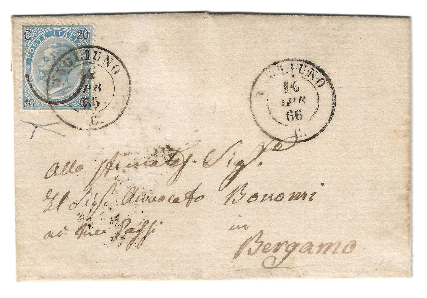1866 Regno d'Italia - Piego da TAGLIUNO a Bergamo con ferro di cavallo varietà