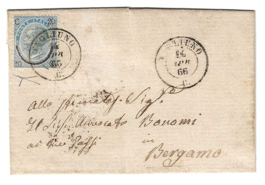 1866 Regno d'Italia - Piego da TAGLIUNO a Bergamo con ferro di cavallo varietà