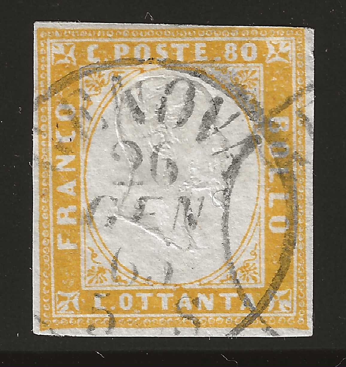 1862 Regno di Sardegna - Francobollo da 80 cent. giallo Sassone 17Da IV emissione con annullo Genova