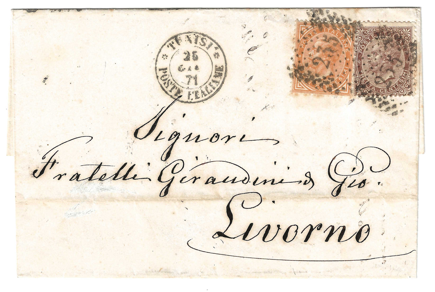1871 Regno d'Italia - Piego da Tunisi a Livorno con francobolli da 10 e 30 c. e doppio annullo numerale a punti 235