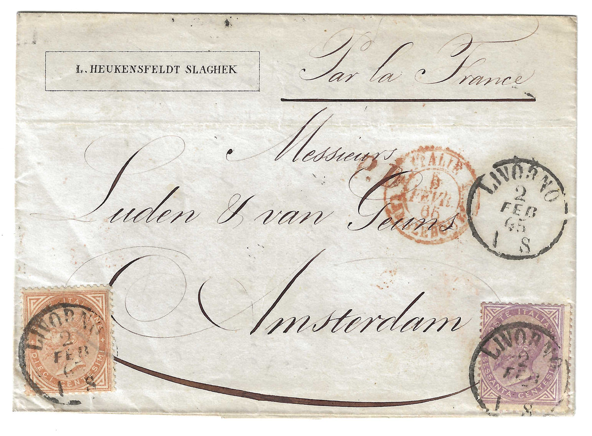 1865 Regno d'Italia - Piego per Amsterdam con francobolli da 10 e 60 c. della serie De La Rue Londra