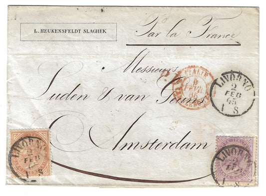 1865 Regno d'Italia - Piego per Amsterdam con francobolli da 10 e 60 c. della serie De La Rue Londra