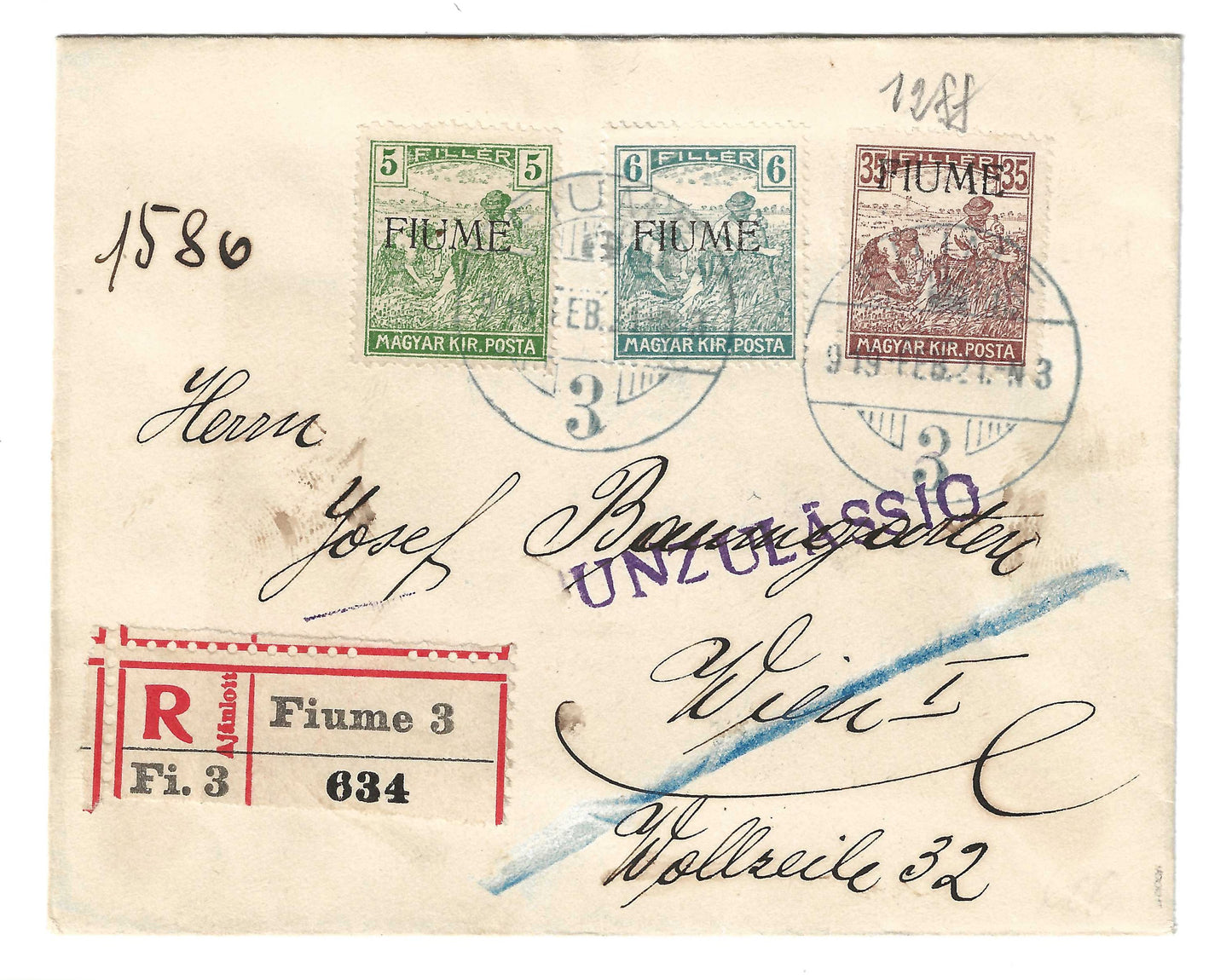 1919 Fiume Busta per Vienna con francobollo 35 f. serie Mietitori d'Ungheria con varietà soprastampa obliqua