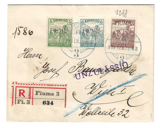 1919 Fiume Busta per Vienna con francobollo 35 f. serie Mietitori d'Ungheria con varietà soprastampa obliqua