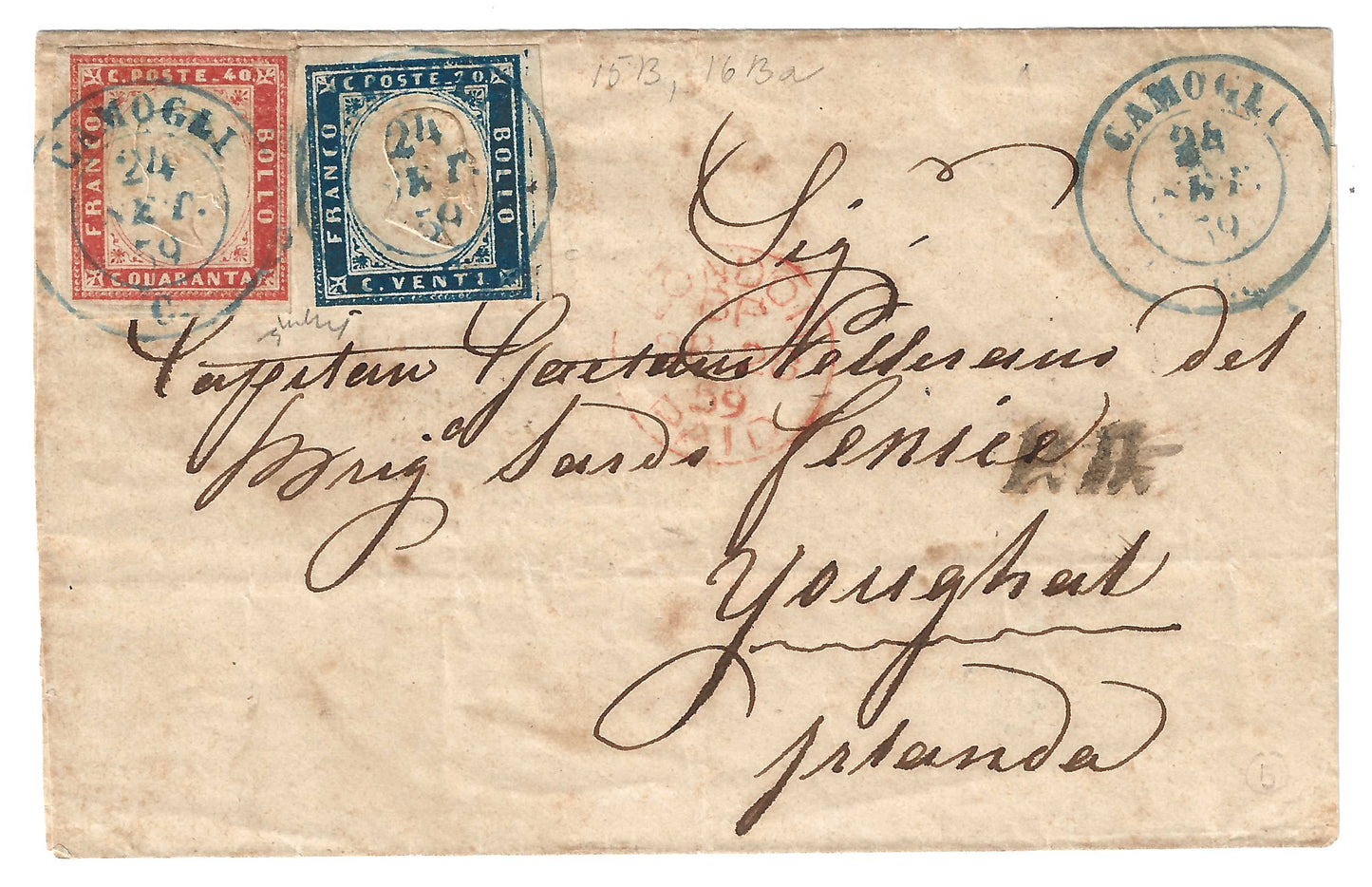1859 Regno di Sardegna - Piego da CAMOGLI all'Irlanda con francobolli da 20 e 40 c. IV emissione