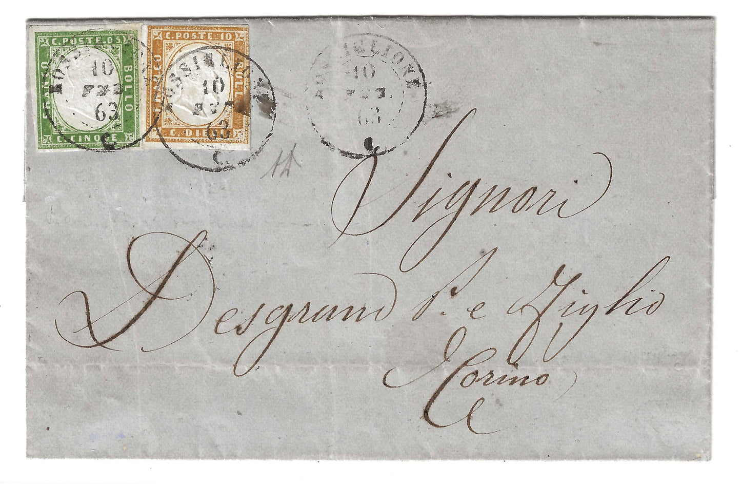 1863 Sardegna - Piego con francobolli da 5 e 10 c. IV emissione e annullo raro di Rossiglione