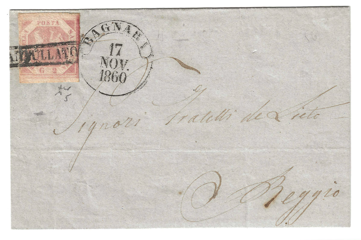 1858 Regno di Napoli - Francobollo da 2 grana rosa chiaro su lettera per Catanzaro da Palmi