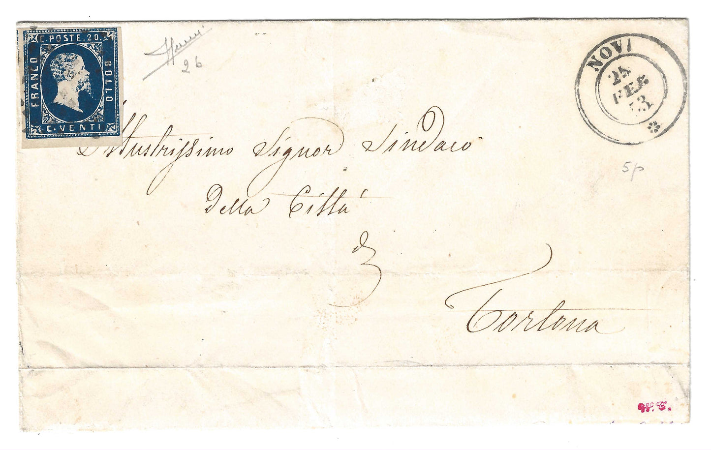 1851 Regno di Sardegna - Piego da NOVI a Tortona con francobollo da 20 c. I emissione grandi margini