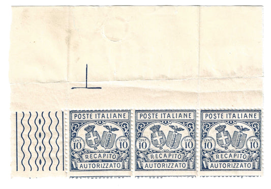 1928 Regno d'Italia - Blocco francobolli 10 c. angolo di foglio Recapito Autorizzato MNH**