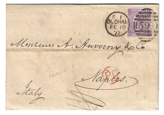 1867 Gran Bretagna - Francobollo da 6 p. violetto tipo del '65 su piego di lettera per Napoli