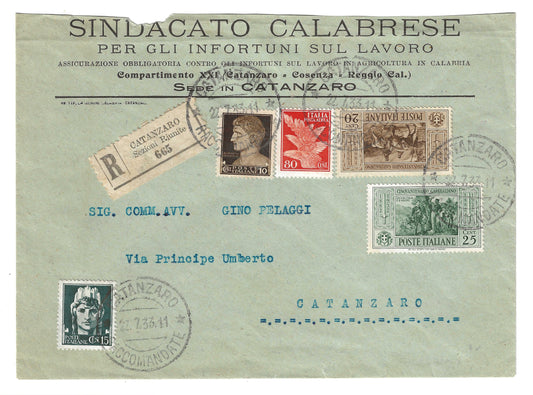 1933 Regno d'Italia Busta per Catanzaro con francobolli da 20 e 25 c. della serie Cinquantenario Garibaldino