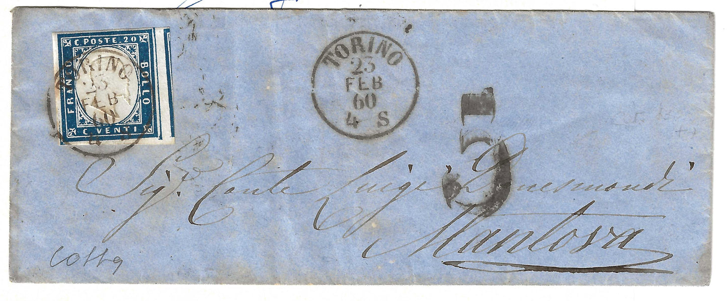 1860 Sardegna - Busta con raro annullo bruno di Torino a cerchio semplice e 20 c. IV emissione