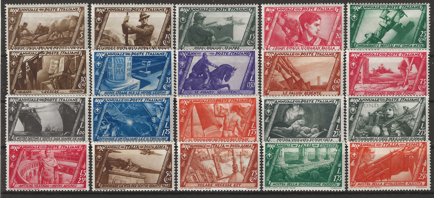 1932 Regno d'Italia Serie completa ordinaria + aerea francobolli Decennale Marcia su Roma MH*