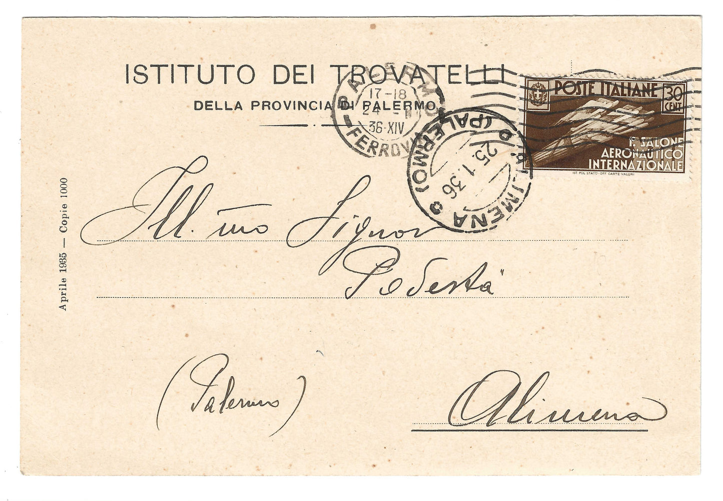 1935 Regno d'Italia Cartolina da Palermo ad Alimena con francobollo 30 c. Salone Aeronautico Internazionale