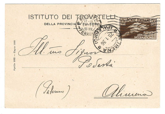 1935 Regno d'Italia Cartolina da Palermo ad Alimena con francobollo 30 c. Salone Aeronautico Internazionale