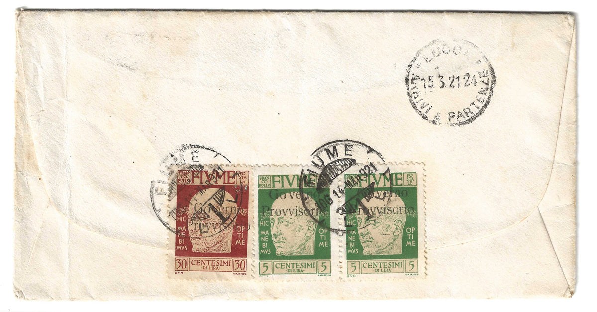 1921 Fiume - Busta per Lucca con francobolli da 5 c. Governo Provvisorio e 30 c. D'Annunzio