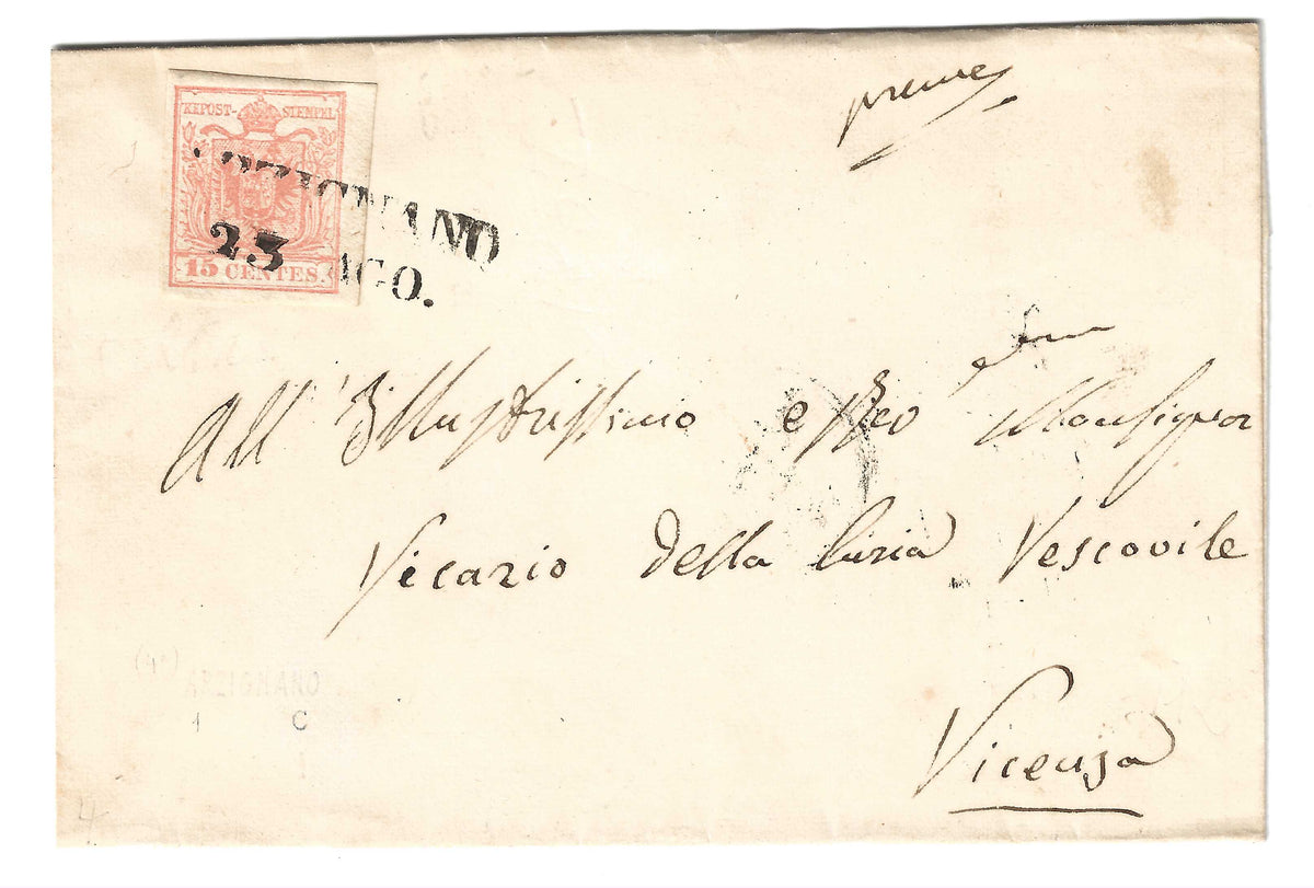 1854 Lombardo Veneto - Francobollo da 15 c. I emissione tipo III da Arzignano a Vicenza