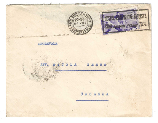 1934 Regno d'Italia Busta per Cosenza con fracobollo 50 c. 2° Mondiale di Calcio violetto
