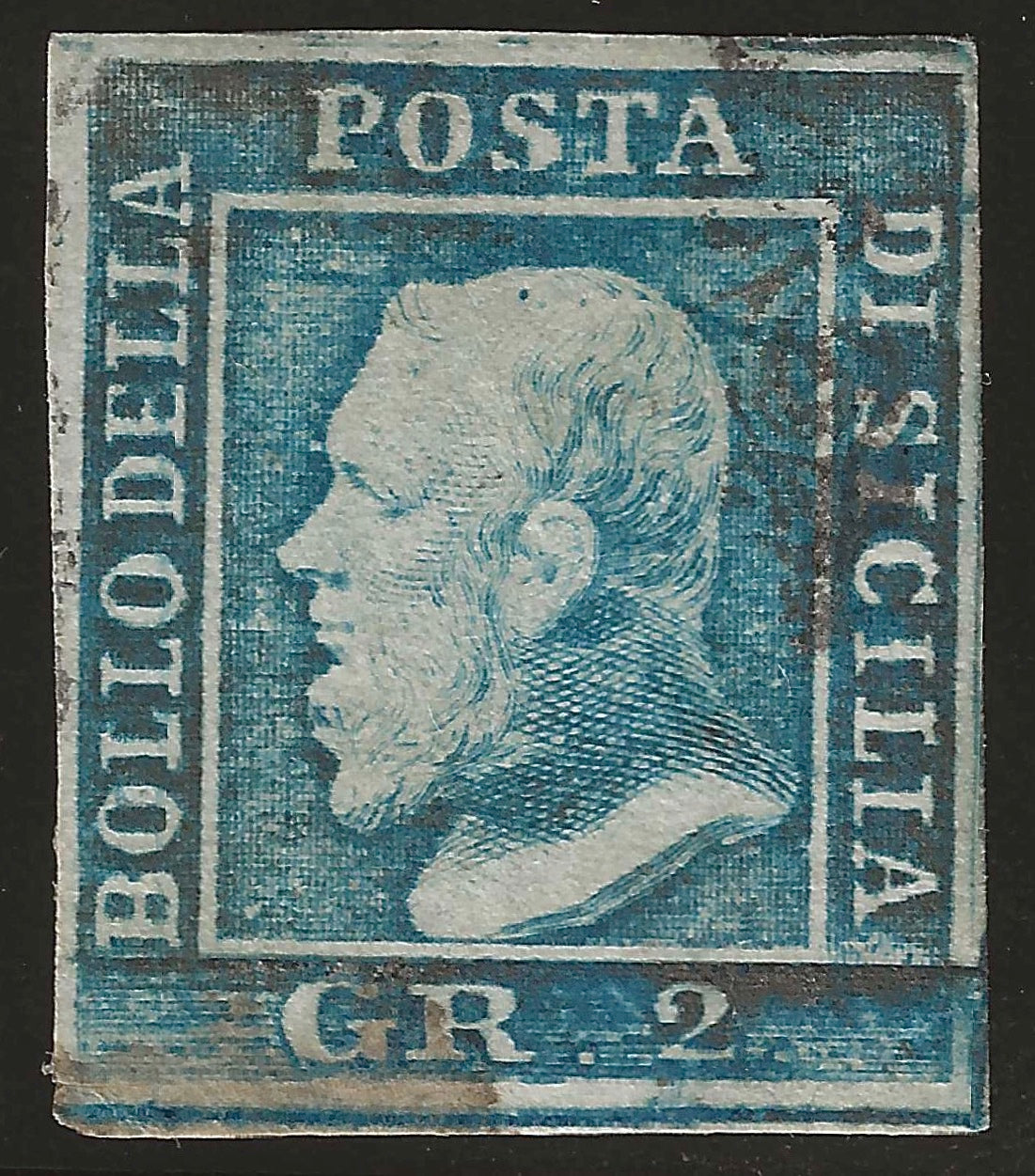 1859 Sicilia - Francobollo da 2 grana azzurro I tavola posizione 51 usato