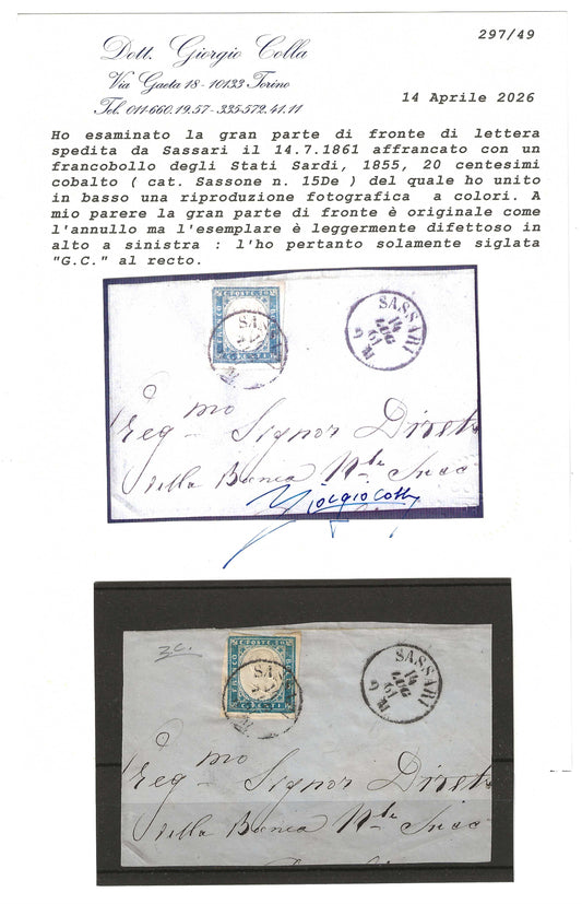 1861 Regno di Sardegna Frammento con francobollo 20 c. cobalto raro Sassone 15De