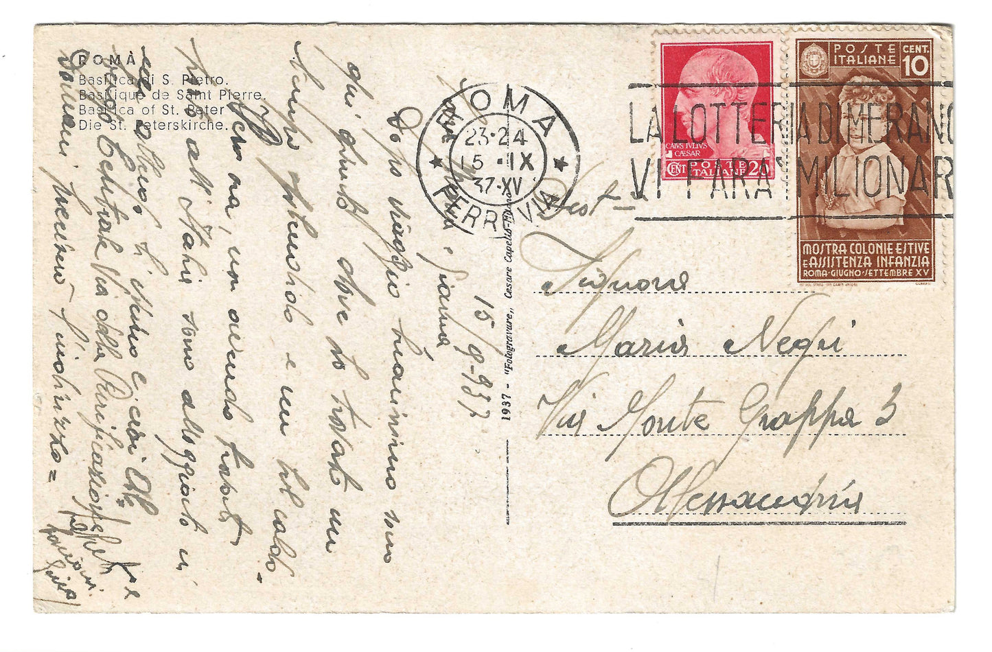 1937 Regno d'Italia Cartolina per Alessandria con francobollo da 10 c. serie Mostra Colonie Estive