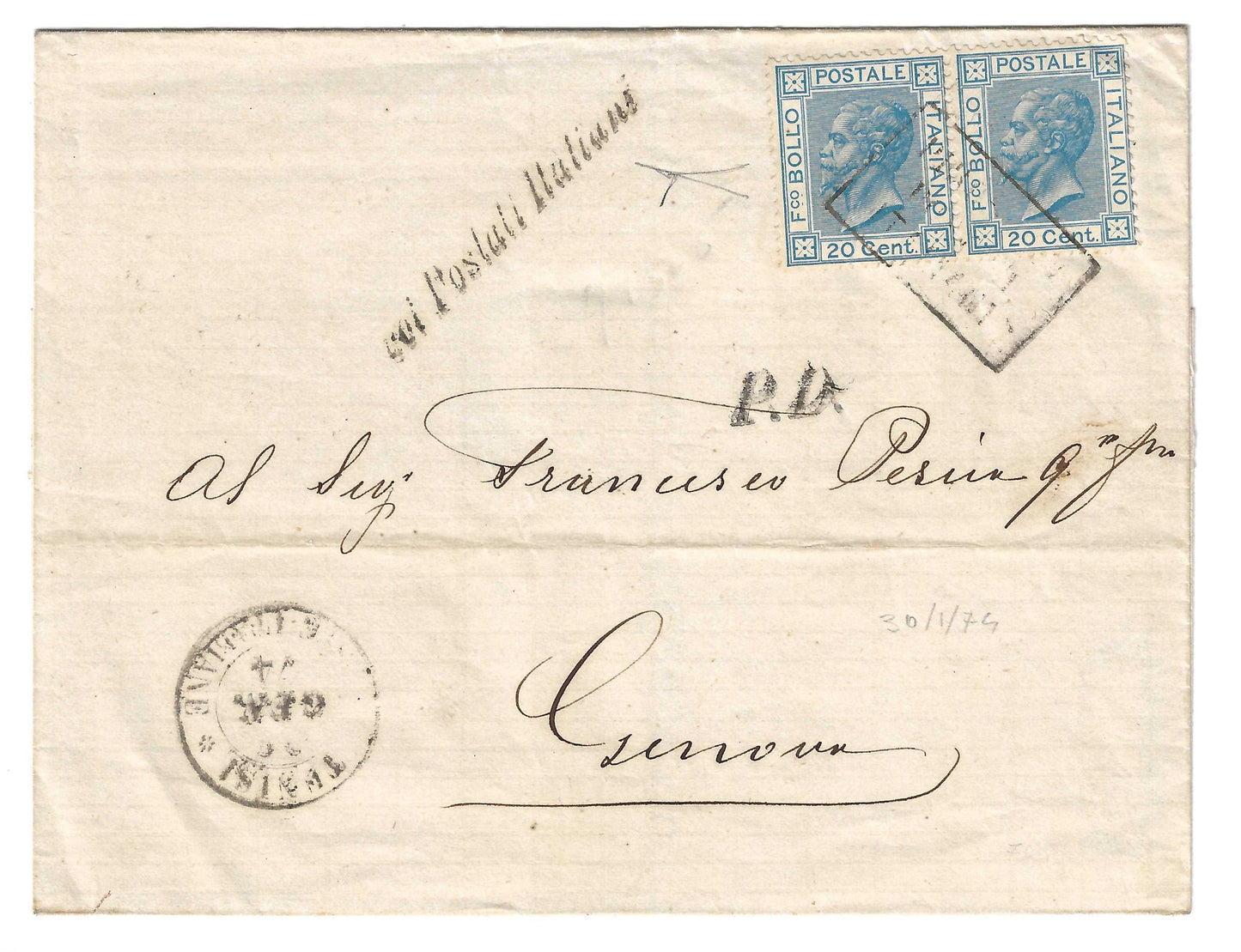 1867 Regno d'Italia - Coppia 20 c. Bigola su piego con annulli PIROSCAFI POSTALI ITALIANI e TUNISI