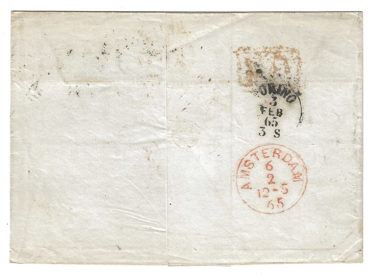 1865 Regno d'Italia - Piego per Amsterdam con francobolli da 10 e 60 c. della serie De La Rue Londra