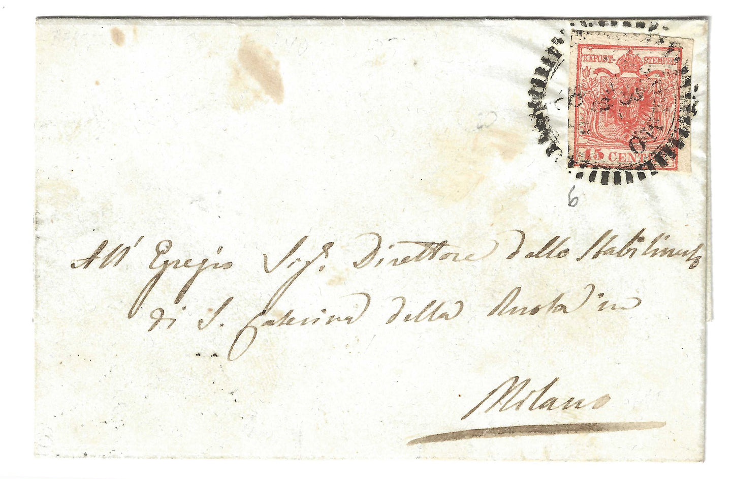1850 Regno Lombardo Veneto - Piego da Bergamo a Milano con francobollo da 15 c. rosso I emissione