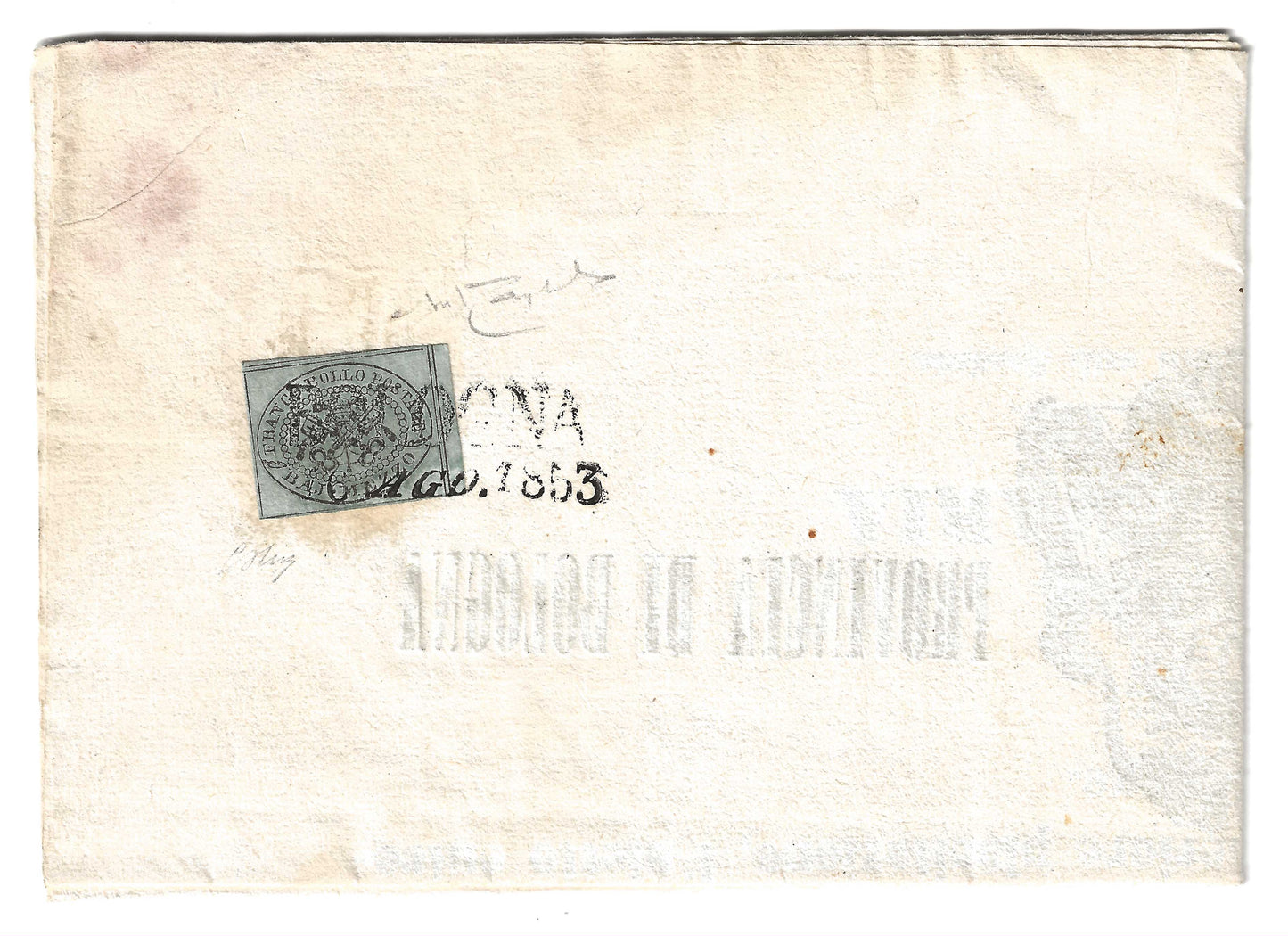 1853 Stato Pontificio - Bando da Crespellano a Serravalle con francobollo da ½ baj. e BOLOGNA