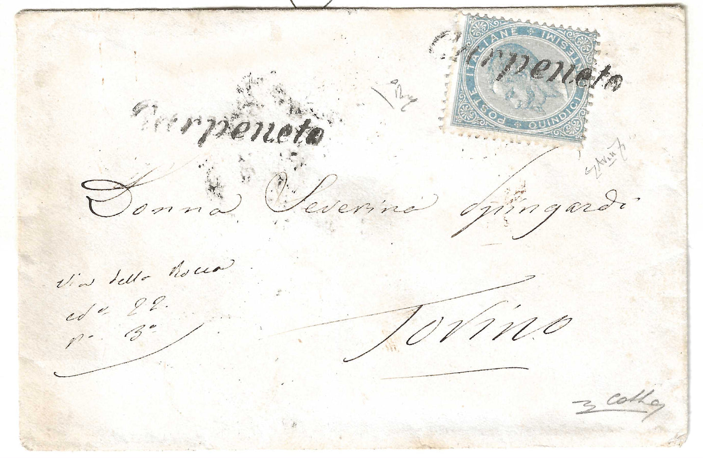 1864 Regno d'Italia - Piego con francobollo da 15 c. De La Rue e raro annullo corsivo nero di Carpeneto