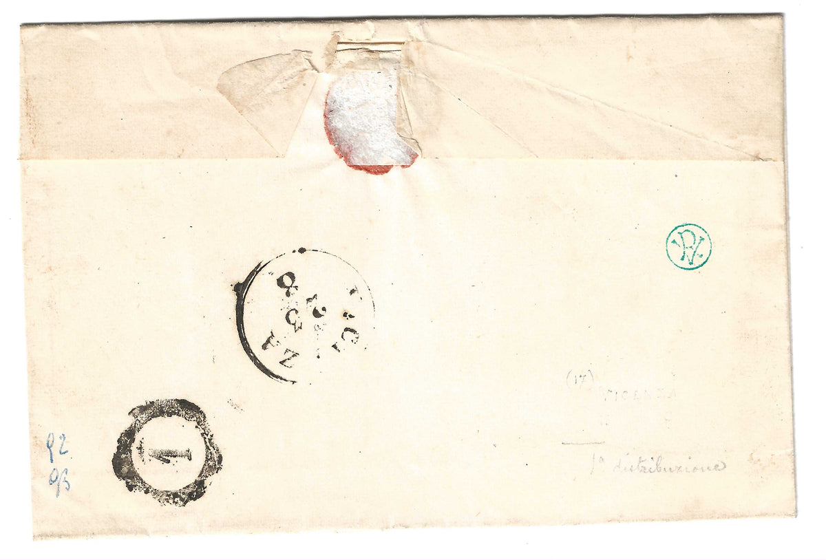 1854 Lombardo Veneto - Francobollo da 15 c. I emissione tipo III da Arzignano a Vicenza