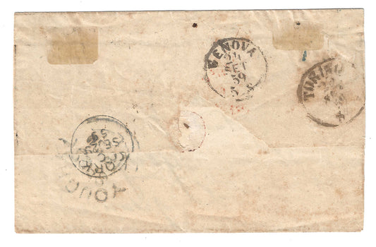 1859 Regno di Sardegna - Piego da CAMOGLI all'Irlanda con francobolli da 20 e 40 c. IV emissione