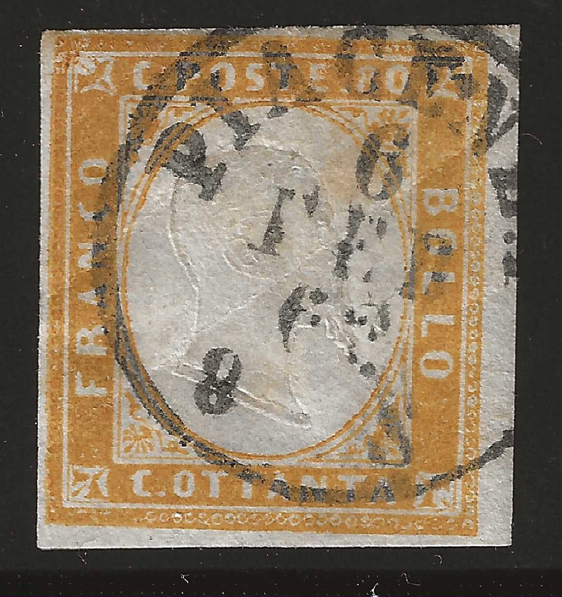 1861 Regno di Sardegna - Francobollo da 80 cent. giallo arancio Sassone 17C con annullo di Piacenza