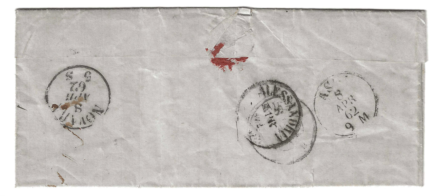1862 Regno di Sardegna - Piego di lettera da INCISA a Novara con francobollo da 20 cent. IV emissione