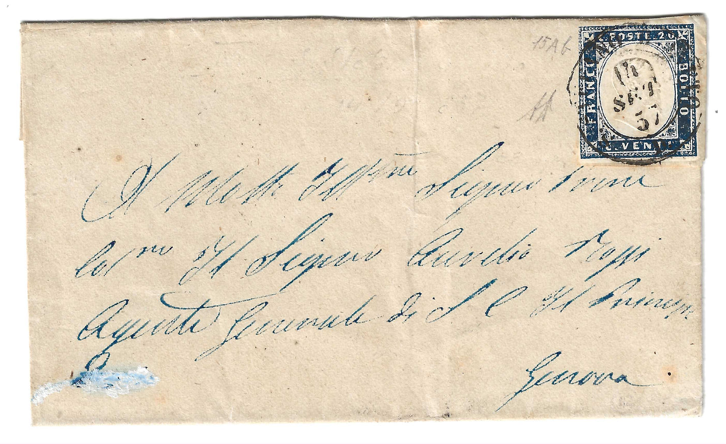 1857 Regno di Sardegna - Piego da S. STEFANO D'AVETO a Genova con 20 cent. IV emissione