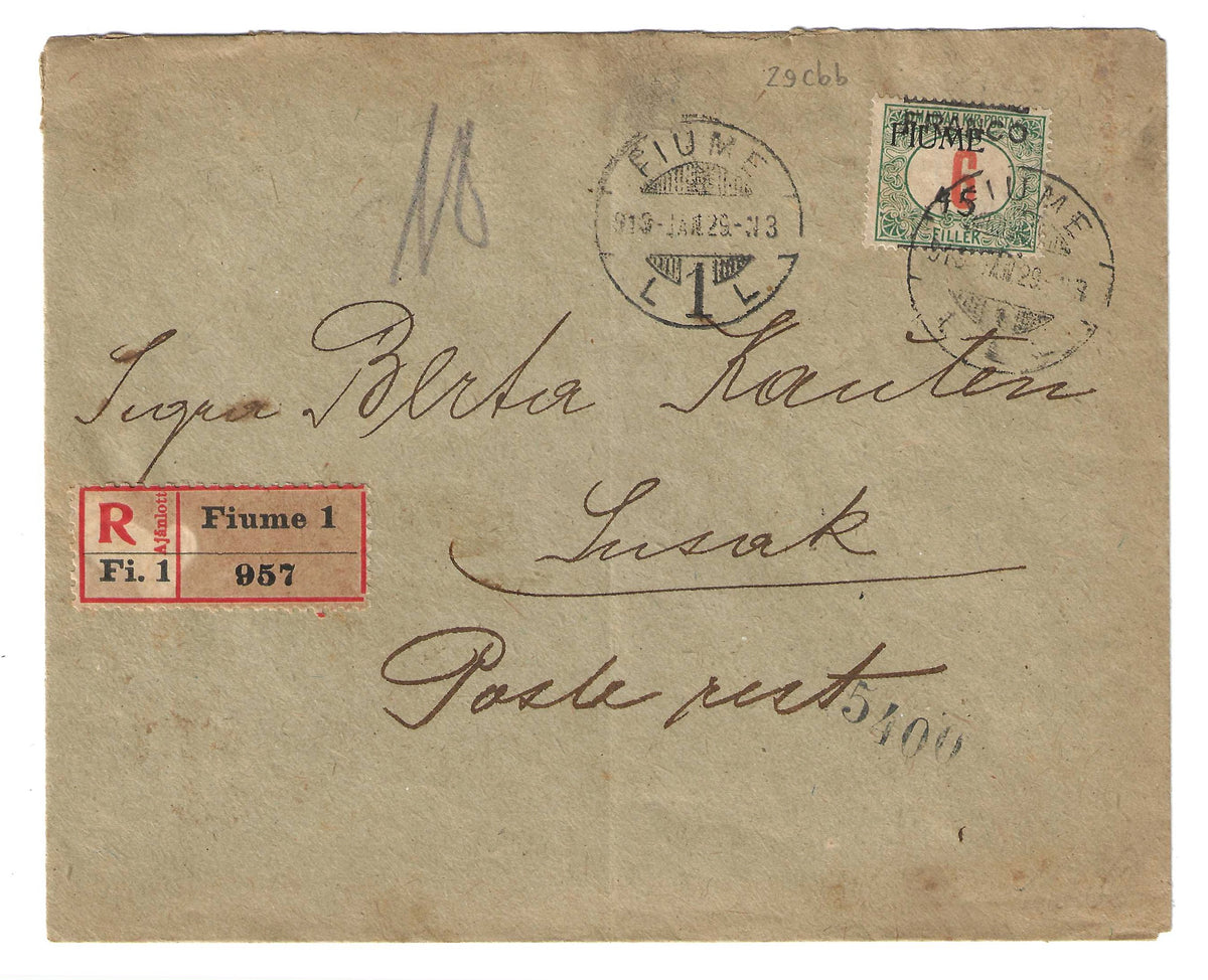 1919 Fiume - Busta per Susak con francobollo 45 su 6 f. soprastampa fortemente spostata