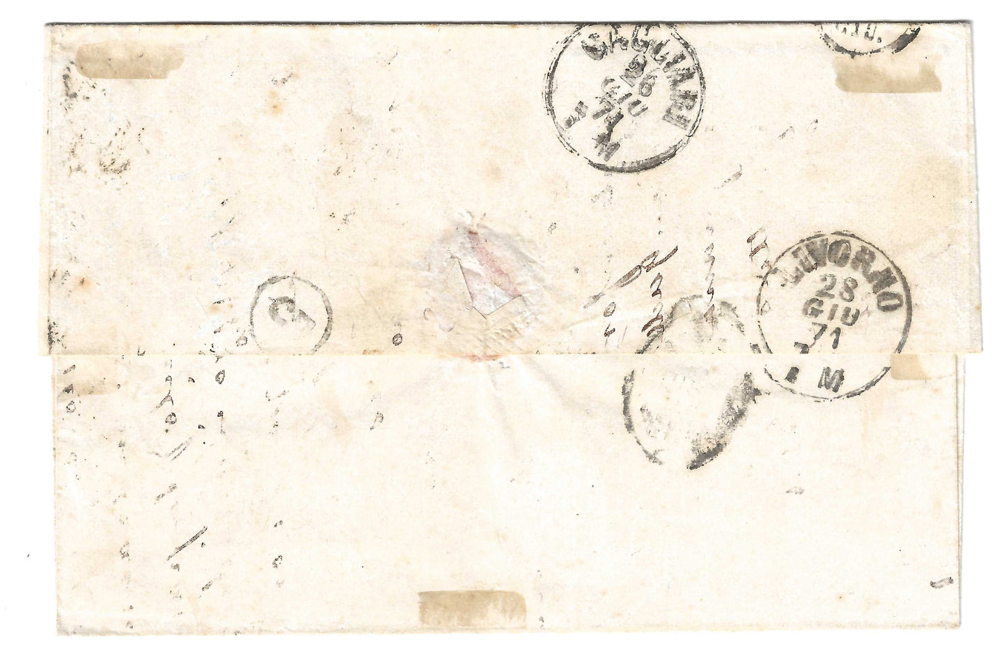 1871 Regno d'Italia - Piego da Tunisi a Livorno con francobolli da 10 e 30 c. e doppio annullo numerale a punti 235