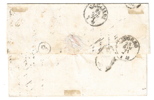 1871 Regno d'Italia - Piego da Tunisi a Livorno con francobolli da 10 e 30 c. e doppio annullo numerale a punti 235