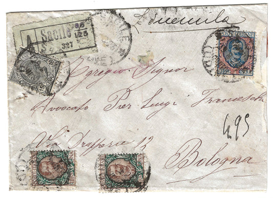1923 Regno d'Italia - Busta con francobollo 5 l. serie Floreale del 1901 e altri per Bologna