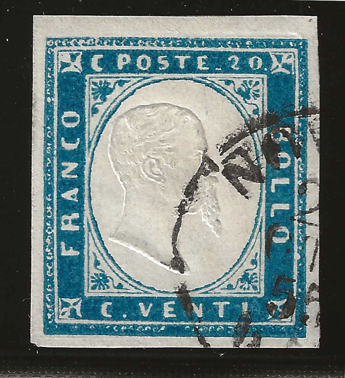 1855 Regno di Sardegna - Francobollo da 20 c. celeste Sassone 15f usato a Novara nell'ottobre del 1855